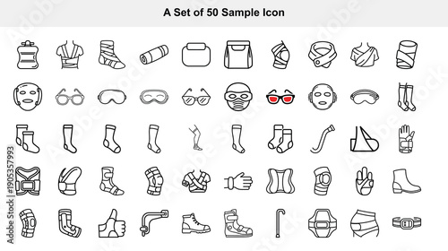 Collection of fifty simple black and white line icons depicting various objects and symbols