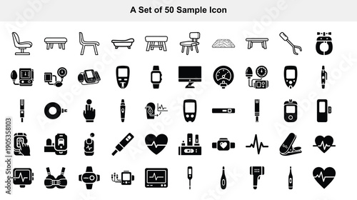 Collection of fifty simple black icons depicting various objects and concepts