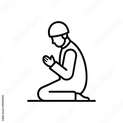 Muslim man praying outline icon isolated on white background