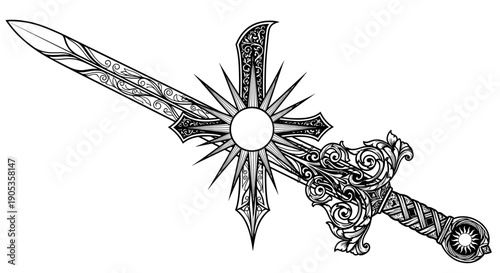 Ornate Holy Sword with Sun Emblem and Intricate Hilt.