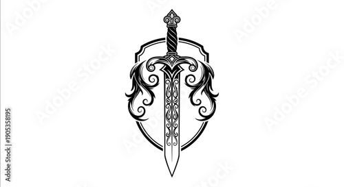 Ornate Sword Emblem with Decorative Shield Design.