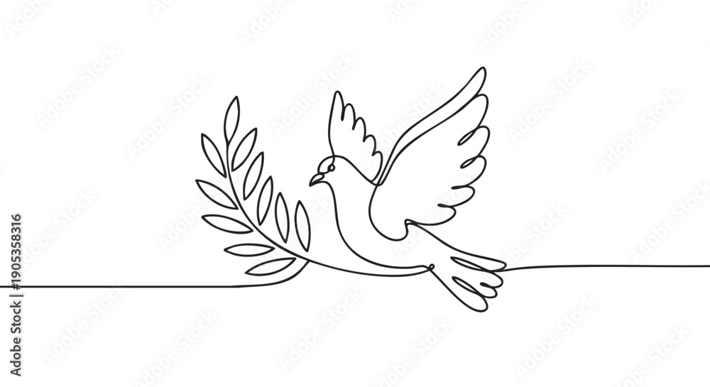 Obraz premium Continuous one line drawing of a dove holding an olive branch, symbolizing peace, hope, and freedom in a minimalist black and white artistic style