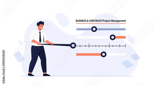 Businessman managing project timeline with progress bars and sliders