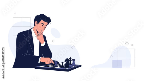 Businessman playing chess, strategy and logic, business intelligence, flat illustration