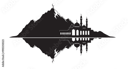 Mosque silhouette reflected in water with mountains in the background