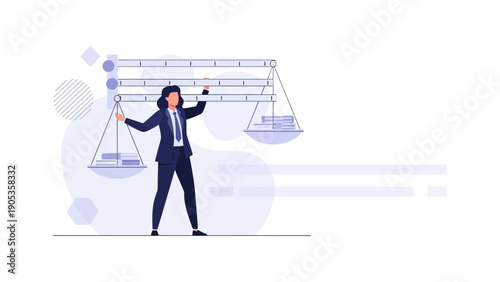 Businesswoman balancing scale with documents and coins, concept of justice and finance