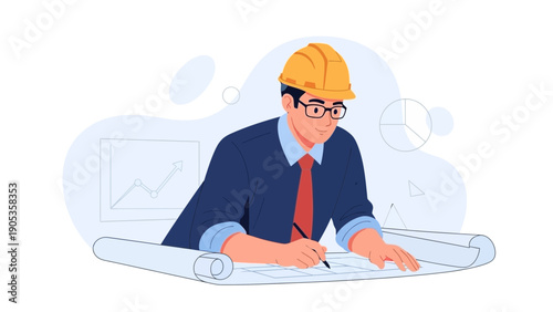 Engineer in hard hat plans construction project on blueprints with charts