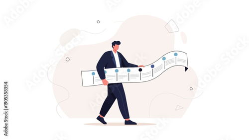 Businessman carrying a long timeline with milestones and tasks