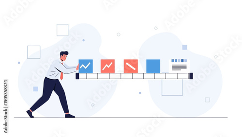 Businessman Pushing Progress Bar with Charts and Graphs