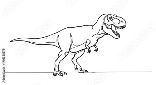 Single continuous line drawing of a Tyrannosaurus Rex standing with its mouth open, showcasing its sharp teeth and powerful form in a minimalist black and white sketch style
