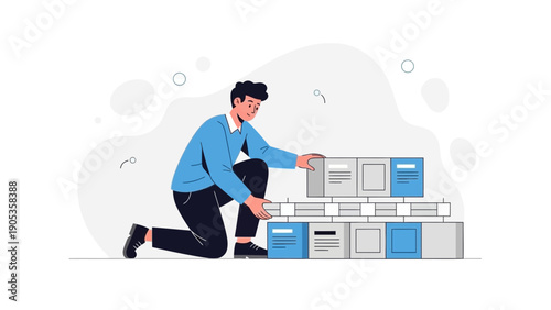 Man organizing data blocks, business process optimization, workflow management