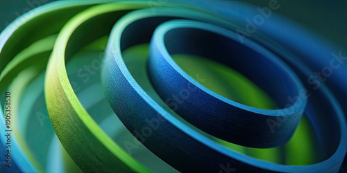 Spiraling ribbon of gradient color, transitioning from green to blue. Abstract with soft light