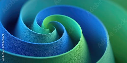 Abstract swirling design, layered curves with gradients of blues and greens, close up view