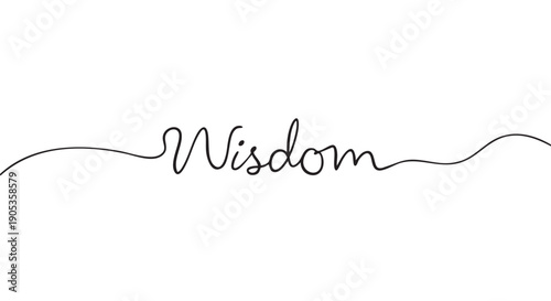 The word Wisdom written in a continuous single black line with an elegant, flowing handwritten script style for a minimalist and clean design concept