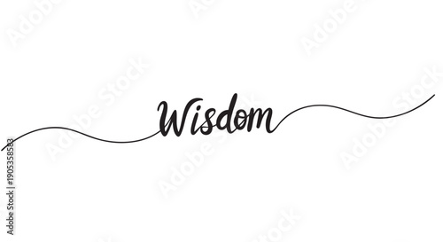 The word Wisdom written in an elegant black calligraphic script with a continuous flowing wavy line, representing a concept of knowledge, intelligence, and philosophy