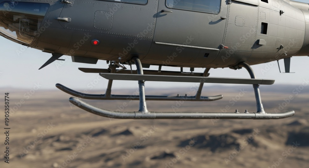 Obraz premium Close up helicopter detail shows landing skids on grey fuselage flying over desert. Helicopter detail includes robust construction for aerial transport and rugged terrain.