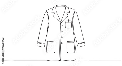 Medical lab coat drawn with one single continuous black line in a minimalist artistic style, featuring pockets and buttons for a clean, professional healthcare or science symbol