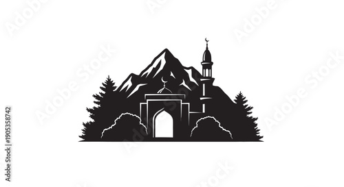 Mountain monastery or temple entrance with tower silhouette landscape