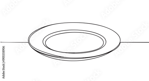 Single continuous line drawing of a plate, a minimalist black and white illustration of tableware representing food, dining, and simplicity in a modern artistic style