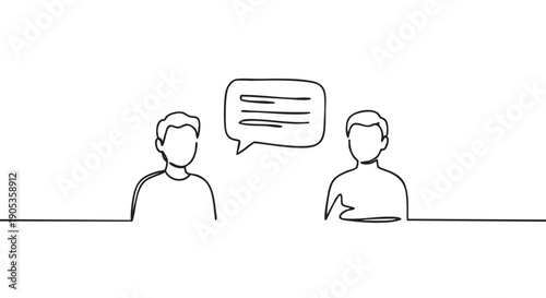 Continuous single line drawing of two people having a conversation with a speech bubble symbolizing communication, discussion, or a simple interview