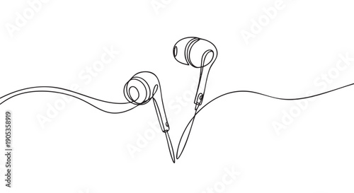 Wired in-ear headphones drawn in a continuous single line style creating a minimalist and modern illustration of a personal audio device for listening to music or podcasts