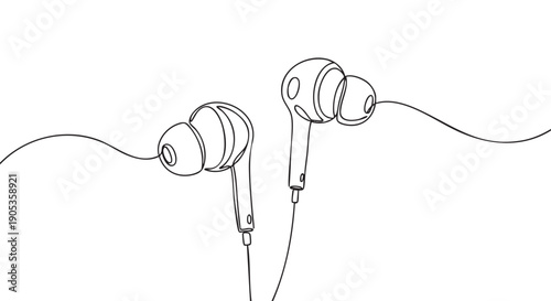 Pair of wired in-ear headphones drawn in a continuous single line art style, showcasing a minimalist black and white illustration of a modern audio gadget for music listening