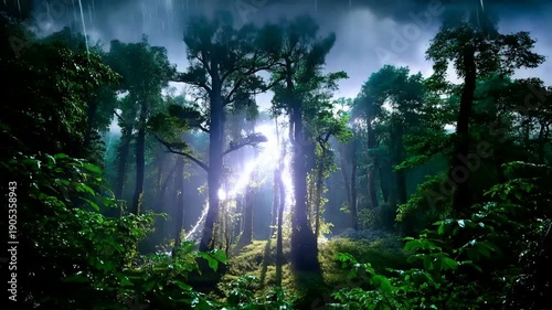 A dense forest during a rainstorm at night with trees swaying in the wind and rain falling from the cloudy sky