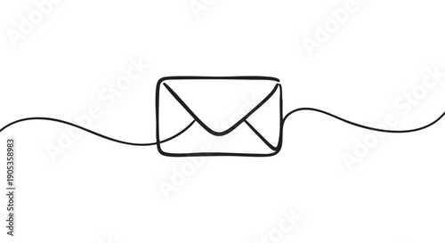 Single continuous line drawing of an envelope symbolizing communication, mail, and messaging in a minimalist, hand-drawn doodle style with a flowing, uninterrupted black line