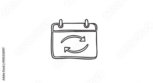 Hand-drawn calendar icon with circular arrows representing a recurring schedule, synchronization, or regular updates, depicted in a simple black and white line art doodle style