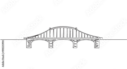 Single continuous line drawing of an architectural arch bridge with multiple support pillars, created in a minimalist black and white sketch style for a modern graphic design