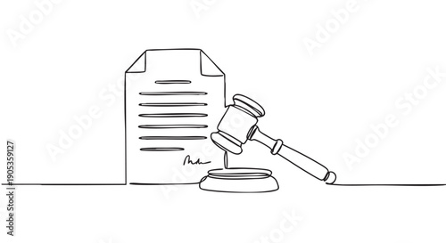 Judge's gavel and signed legal document drawn in a continuous single line art style, symbolizing justice, legislation, auction, and legal agreements in a minimalist sketch