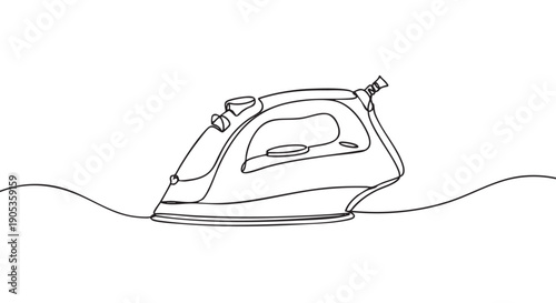Continuous single line drawing of an electric clothes iron in a minimalist art style, a modern and simple illustration of a household appliance for laundry and chores