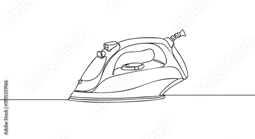 One line art drawing of a household electric iron for pressing laundry, created with a continuous black contour in a minimal and contemporary graphic illustration style