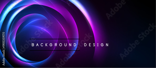Abstract neon circles over dark background. Vibrant purple, blue hues create dynamic visual effect. Text reads background design.