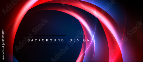 Abstract neon lights form curved shapes. Dark background emphasizes vibrant red, blue glows. Text reads background design.