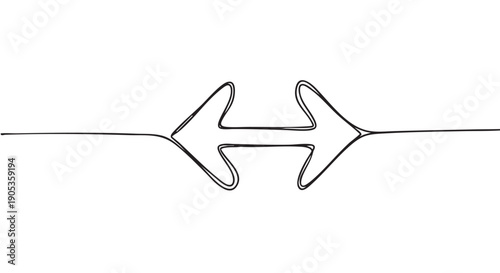 Two black hand drawn arrows pointing in opposite directions, created with a single continuous line in a minimalist doodle style, symbolizing choice, conflict, or connection