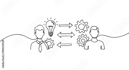 Continuous single line drawing of business collaboration with two people exchanging an idea, symbolized by a lightbulb, and a working process represented by gears and arrows