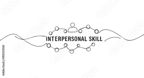 Interpersonal skill concept illustration featuring a person icon connected to a network of circles, drawn in a minimalist, black continuous single line art style for business