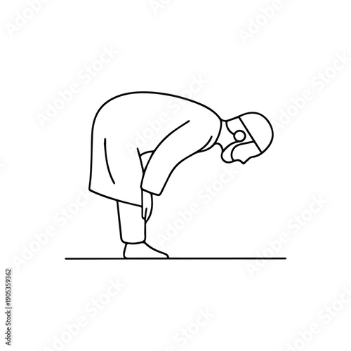 Line art icon of a muslim man performing ruku prayer isolated on white background