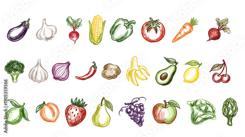 Hand drawn watercolor fruits and vegetables set isolated on transparent background
