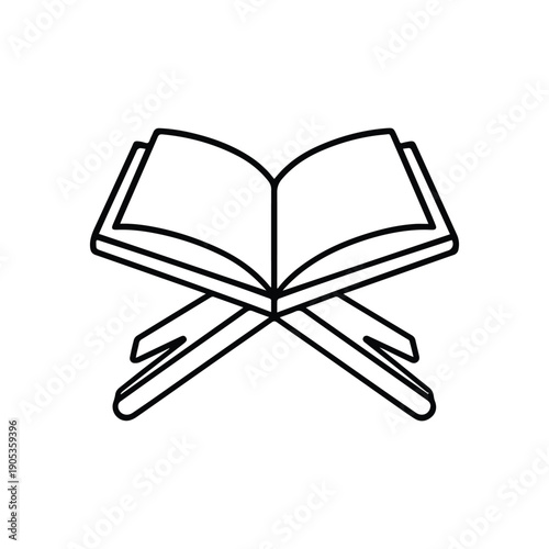 Outline drawing of an open Quran book stand on rehal icon isolated on white background