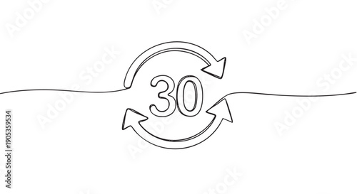 30 day return policy icon drawn in a single continuous line with circular arrows representing a money back guarantee, exchange, and customer satisfaction in a minimal style