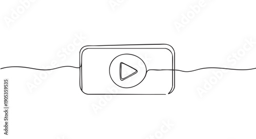 Video play button icon drawn with a single continuous line in a minimalist, hand-drawn style, symbolizing multimedia streaming, digital media, and online entertainment