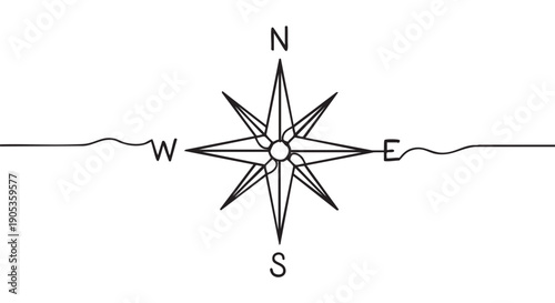 Minimalist black line art compass rose symbol showing cardinal directions for navigation and travel, drawn in a simple, clean, and graphic illustrative style for guidance concepts