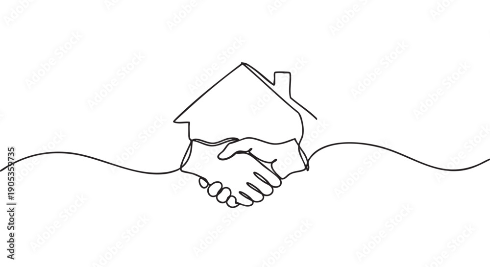 Obraz premium Continuous line drawing of a handshake and house symbol representing a real estate agreement, property sale, or successful business partnership in a minimalist graphic style