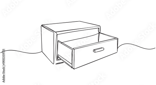 Small cabinet with one open drawer depicted in a minimalist single continuous line art style, a simple black and white furniture illustration sketched from a side view