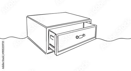 Single open drawer nightstand illustration in a continuous one line art style, showing a minimalist piece of furniture with a simple handle in a clean graphic sketch