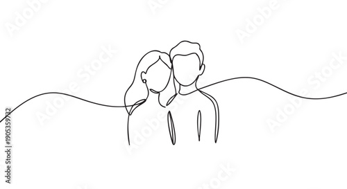 Continuous single line drawing of a romantic couple, a man and woman embracing in a minimalist art style, symbolizing love, togetherness, and intimate connection