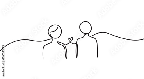 Continuous line drawing of a couple holding hands to form a heart shape, a minimalist black and white illustration symbolizing love, romance, and togetherness