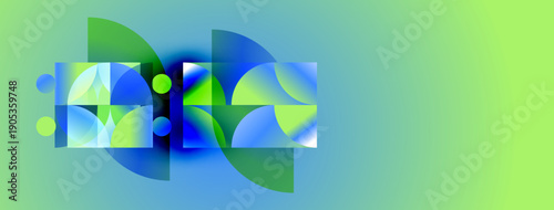 Abstract geometric shapes overlap, creating vibrant blue, green gradients. Composition feels modern, dynamic, visually appealing.